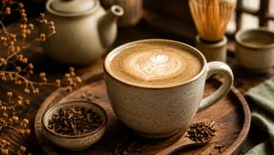O ceașcă bună de hōjicha latte la ceas de seară.